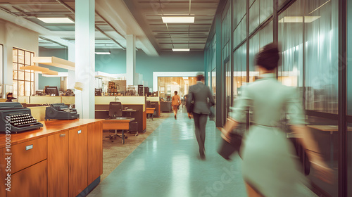 Business vintage office blurred people in formal suit  having a meeting. Working culture chill happy enjoy workplace work life balance plant women men employee busy old style 70s 80s 