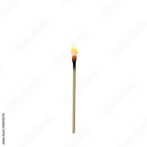 A lit matchstick stands alone against a dark background, its flame flickering vividly, symbolizing warmth and illumination in darkness.