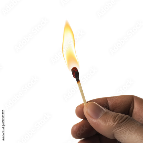 A hand holding a lit matchstick against a black background, showcasing a bright flame and the match's wooden stick.