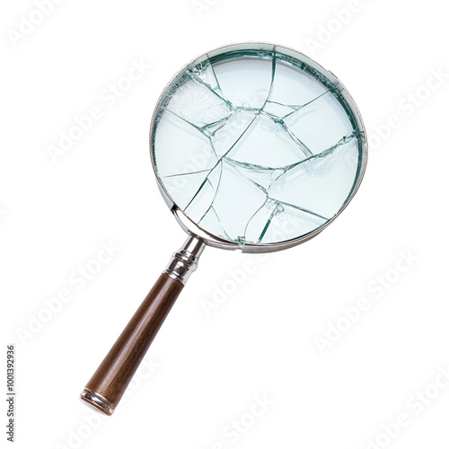 A broken magnifying glass with a shattered lens against a black background, symbolizing fractured perception or investigation.