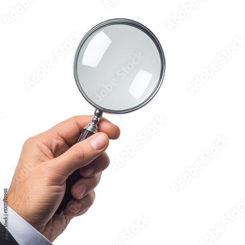 A hand holding a magnifying glass against a dark background, symbolizing investigation, clarity, and detailed observation.