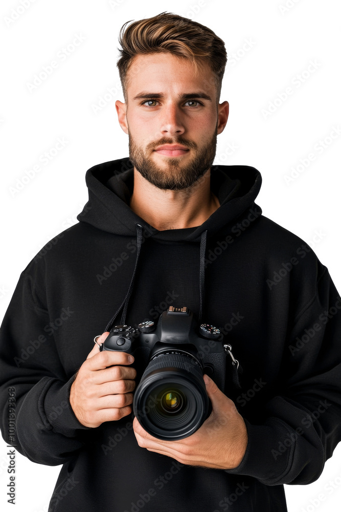 A man is holding a camera and wearing a black hoodie. on transparent background png A man is holding a camera and wearing a black hoodie. on transparent background png