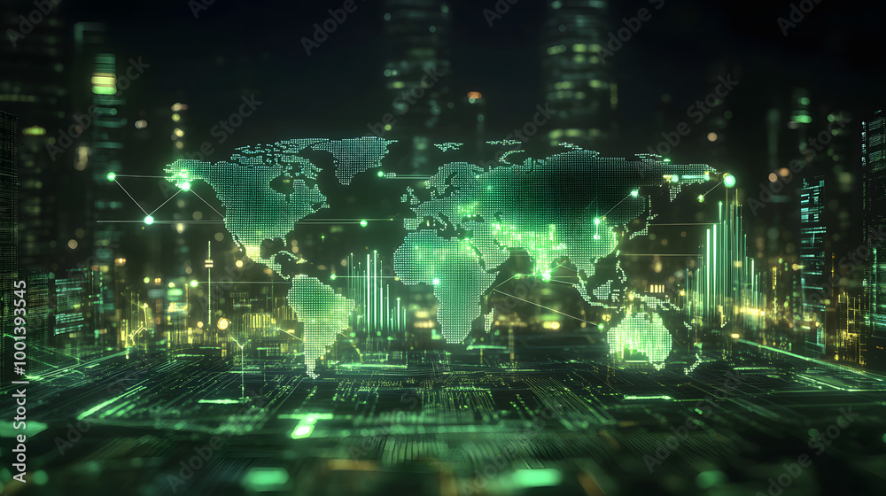 Fototapeta premium Black background with green finance graph and investment bar, showcasing growth and success in the market with technology currency reports chart. Business stock world economy AI computer map