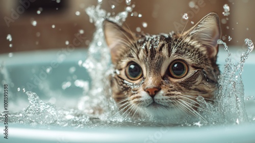 A dynamic photo of a cat splashing water playfully while trying to escape the bath, emphasizing the amusing antics of pets during their grooming sessions.