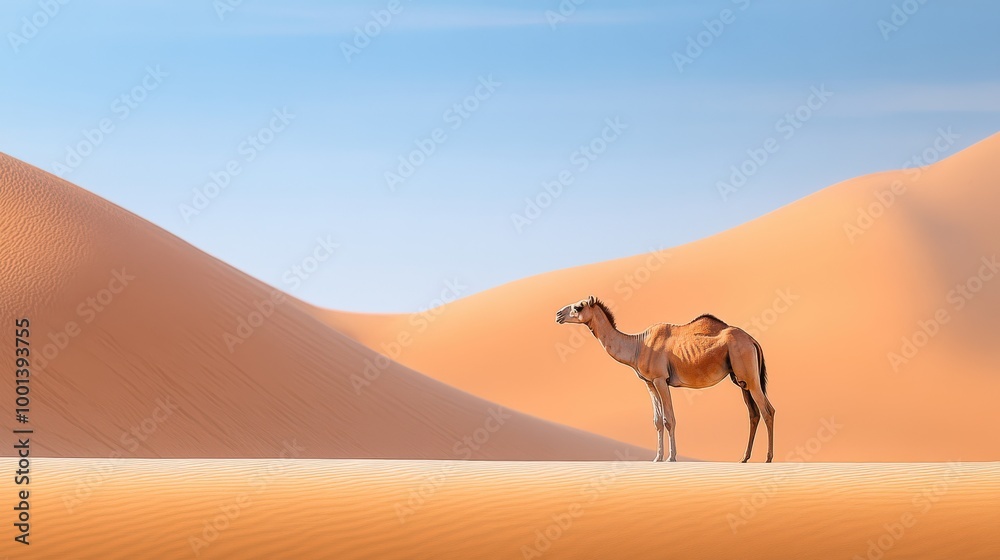 Camel Standing on Sand Dune in Desert Landscape Camel Standing on Sand Dune in Desert Landscape