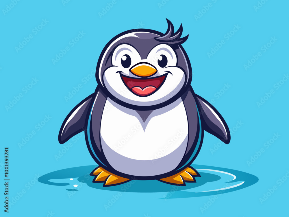 Naklejka premium A cheerful, chubby penguin with a big grin, standing on a solid icy blue background for a cool and playful vibe