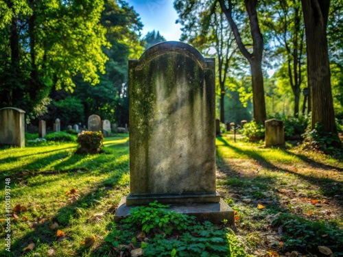 A weathered, gray, blank tombstone stands upright in a serene, overgrown cemetery, surrounded by lush greenery and casting a long, ominous shadow.