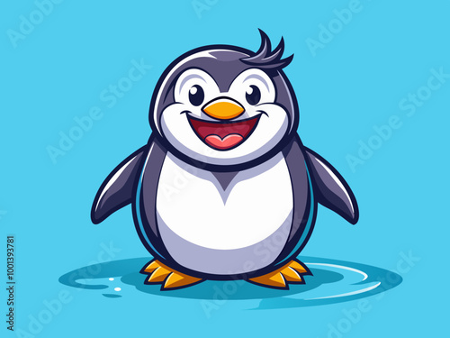 A cheerful, chubby penguin with a big grin, standing on a solid icy blue background for a cool and playful vibe
