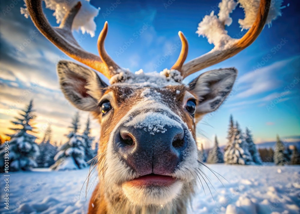 Adorable Close-Up of a Reindeer Nose with Frosted Whiskers in Winter Wonderland Setting Adorable Close-Up of a Reindeer Nose with Frosted Whiskers in Winter Wonderland Setting