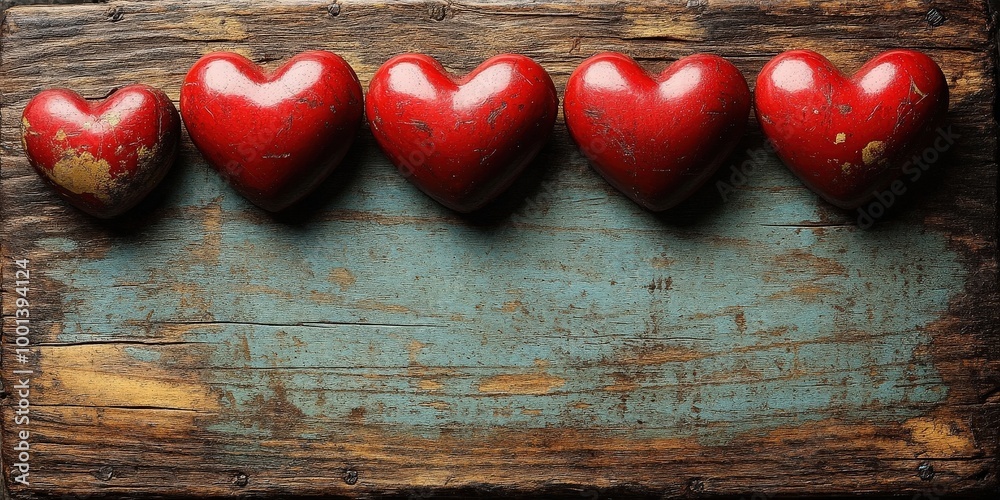 Fototapeta premium Five Red Wooden Hearts Lined Up on a Weathered Wooden Surface with Distressed Blue Paint