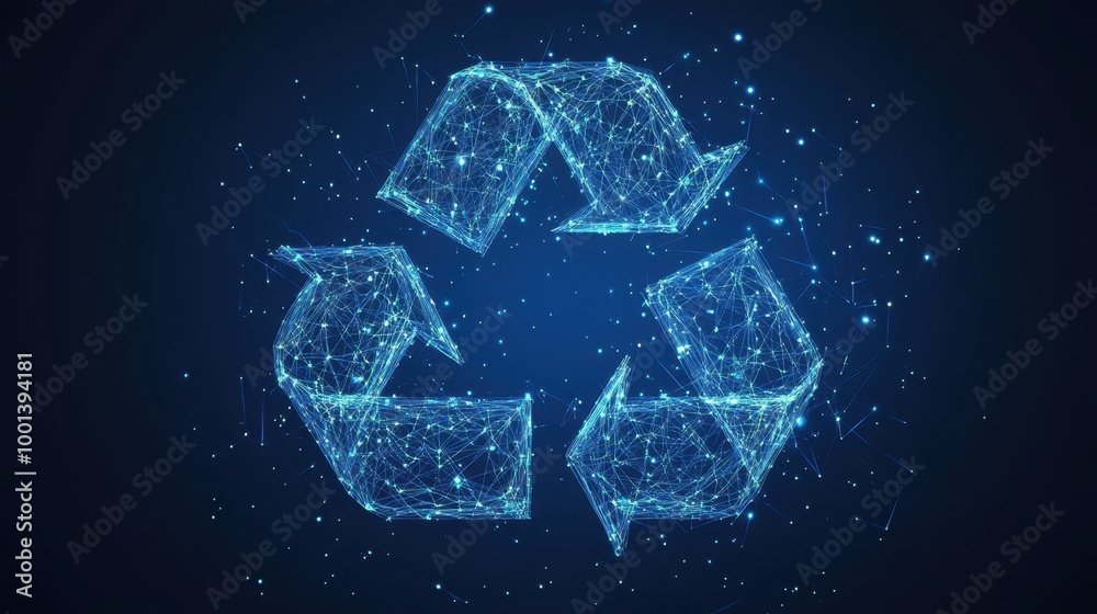A stylized wireframe recycling icon on a dark blue background, combining simplicity with a strong message of environmental responsibility.