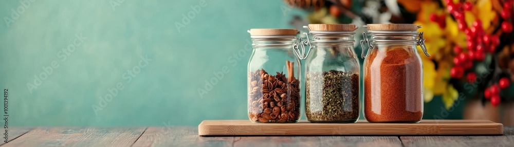 Three glass jars filled with spices and sauces on a wooden table with colorful background Three glass jars filled with spices and sauces on a wooden table with colorful background