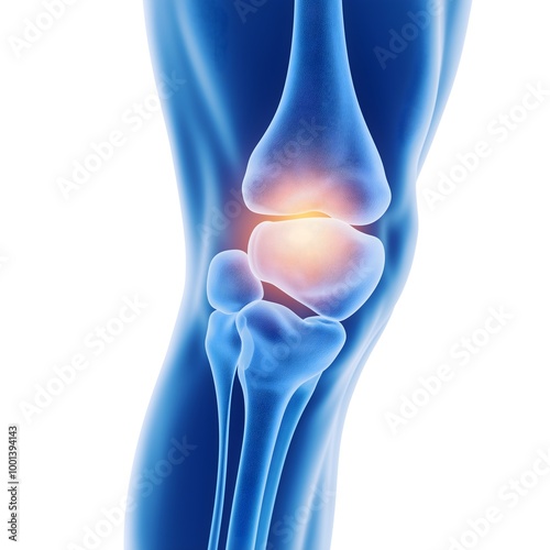 A digital illustration of a human knee joint, highlighting its anatomical structure and a point of inflammation or injury.