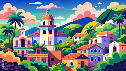 A colorful town with Spanish colonial architecture, including a pink church tower, surrounded by lush greenery and a blue sky with fluffy white clouds