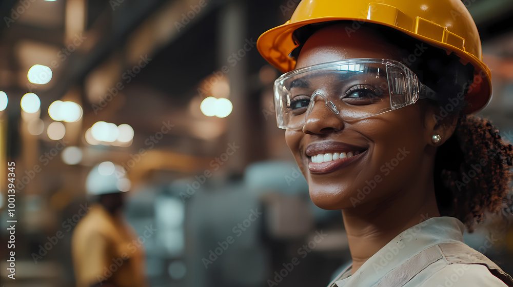 Close-up of a smiling Black woman worker in a hard hat and safety glasses, talking to other workers at a steel plant.