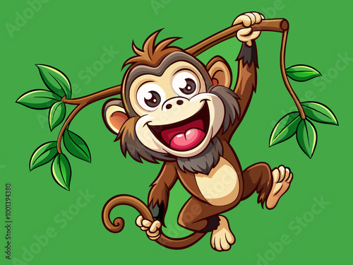 A giggling monkey with a mischievous grin, hanging from a branch, against a solid green background to match its lively spirit