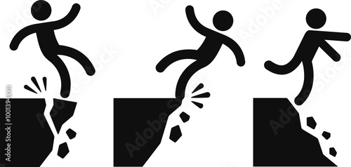 Falling from cliff danger sign set. Unstable cliff edge, crumbling slope, tripping hazard. Black and white silhouette illustration. photo