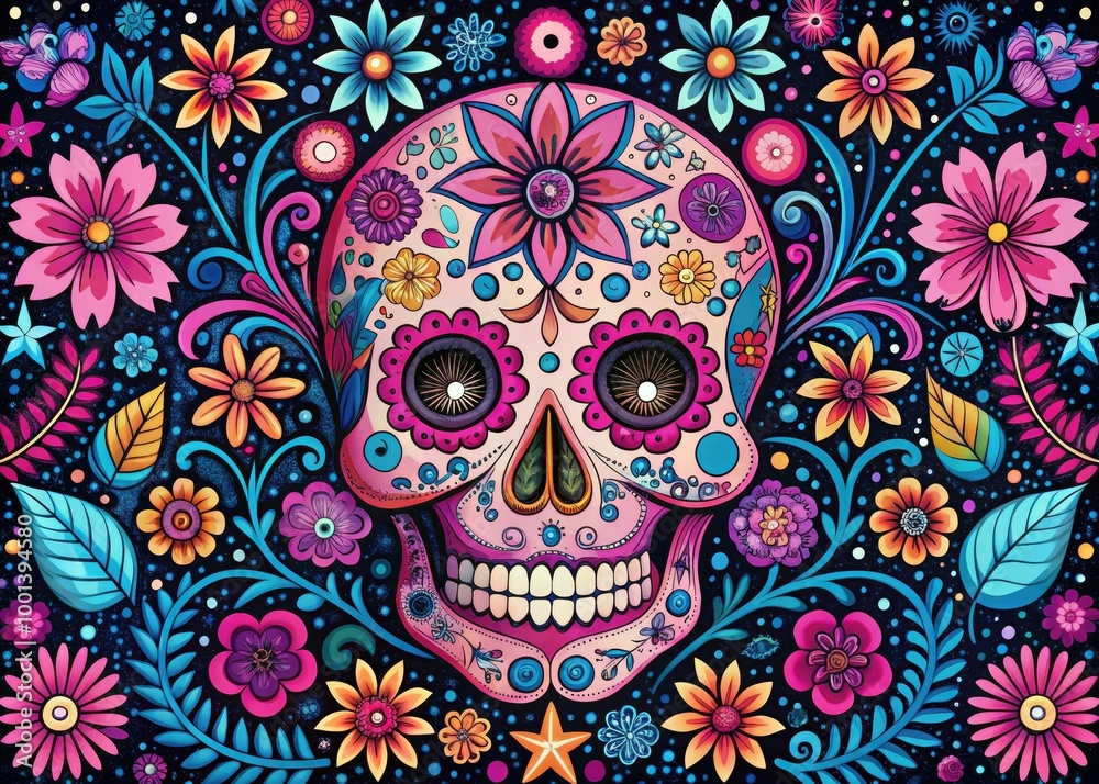 A whimsical, hand-drawn sugar skull design features bright pink and blue flowers, swirls, and stars in a playful, bold, and colorful illustration with ornate details. A whimsical, hand-drawn sugar skull design features bright pink and blue flowers, swirls, and stars in a playful, bold, and colorful illustration with ornate details.
