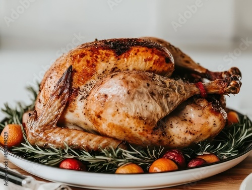 A perfectly roasted turkey garnished with fresh herbs and colorful fruits on a festive plate.