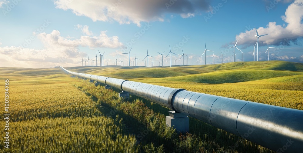 A large natural gas pipeline running through green wheat fields with wind turbines in the background. A large natural gas pipeline running through green wheat fields with wind turbines in the background.