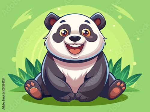 A happily seated and smiling panda is set against a light green background that enhances its adorable features