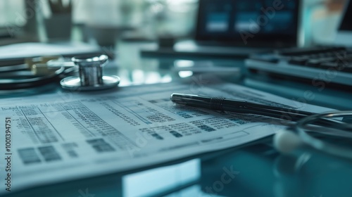 Detailed view of medical bill codes and data on a digital spreadsheet. Office scene with financial paperwork, modern tech, and organized workspace