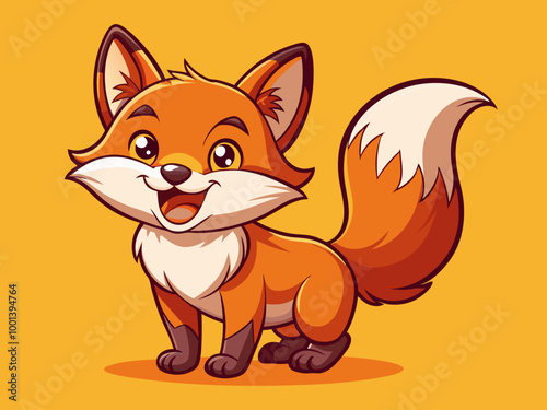 A happy little fox with a bushy tail, grinning mischievously against a solid orange background to match its vibrant fur