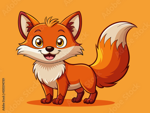 A happy little fox with a bushy tail, grinning mischievously against a solid orange background to match its vibrant fur