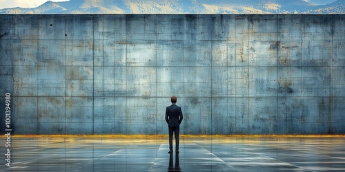 A solitary figure in a suit stands before a towering concrete wall, the distant mountains serving as a backdrop, a sense of contemplation and possibility pervades the scene. photo