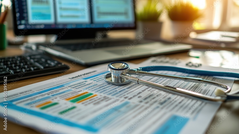 Detailed view of medical bill codes on a spreadsheet displayed on a computer. Office desk with modern technology and financial documents Detailed view of medical bill codes on a spreadsheet displayed on a computer. Office desk with modern technology and financial documents
