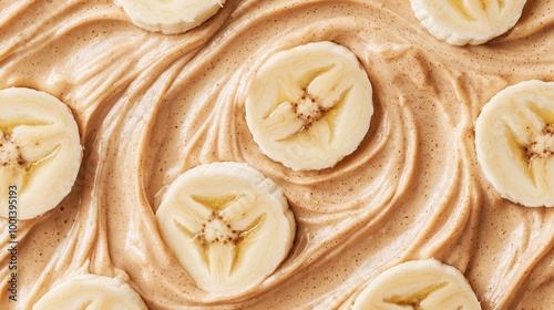 A creamy dessert with swirls and banana slices, offering a delicious and visually appealing treat.