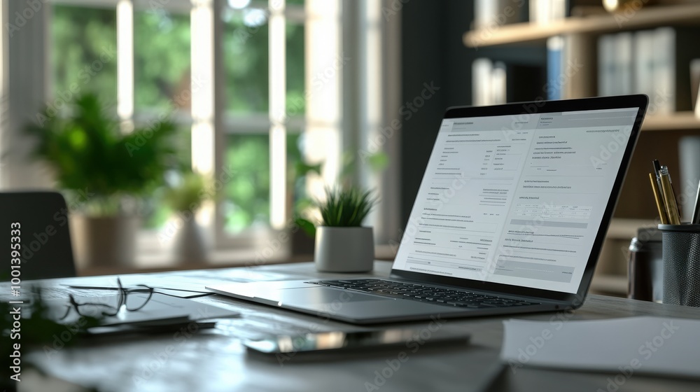 Detailed view of online tax and invoice management on a laptop. Office scene with clean workspace, tech gadgets, and financial papers Detailed view of online tax and invoice management on a laptop. Office scene with clean workspace, tech gadgets, and financial papers