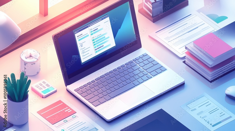 Detailed view of online tax and invoice management on a laptop. Office scene with clean workspace, tech gadgets, and financial papers Detailed view of online tax and invoice management on a laptop. Office scene with clean workspace, tech gadgets, and financial papers