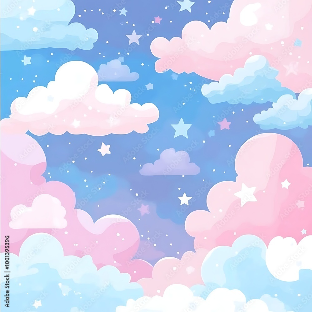 Cute pastel background with pink, blue and white clouds and stars Soft and dreamy design for baby girls Generative AI Cute pastel background with pink, blue and white clouds and stars Soft and dreamy design for baby girls Generative AI