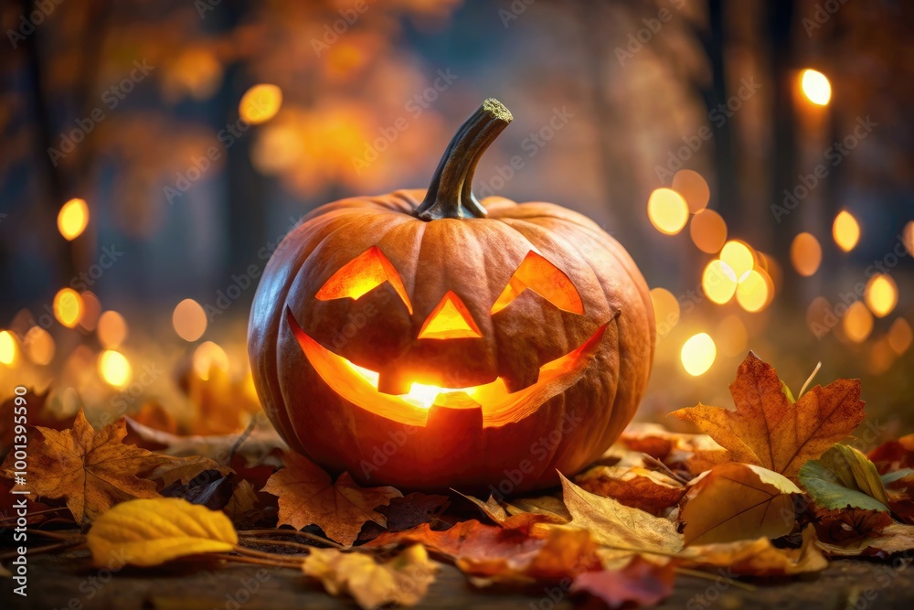 A whimsical, intricately designed orange jack-o'-lantern with a friendly, toothy grin and glowing eyes, surrounded by autumn leaves and subtle, eerie lighting. A whimsical, intricately designed orange jack-o'-lantern with a friendly, toothy grin and glowing eyes, surrounded by autumn leaves and subtle, eerie lighting.