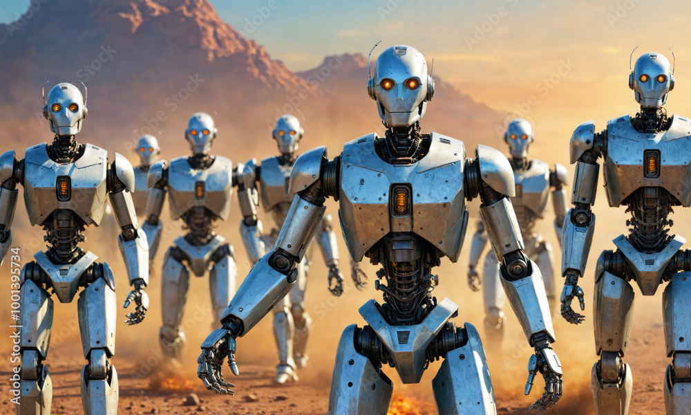 A group of robots walks across a desert landscape during the day A group of robots walks across a desert landscape during the day