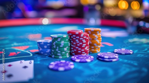 Vibrant casino table featuring colorful stacks of poker chips during an exciting gambling night. Generative AI