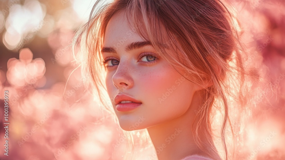 Young woman with soft features in warm floral background. Beauty product showcase. Young woman with soft features in warm floral background. Beauty product showcase.