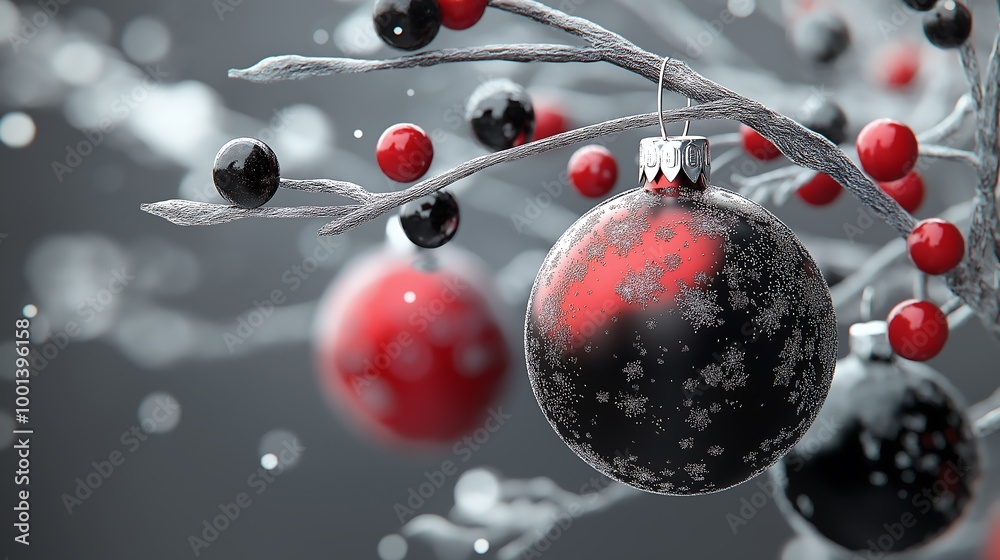 Red and black Christmas ornaments on a frosted tree branch. Red and black Christmas ornaments on a frosted tree branch.