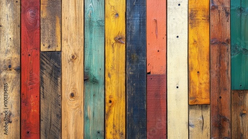 A textured wooden background with vertical planks in a variety of colors, weathered and worn with time.