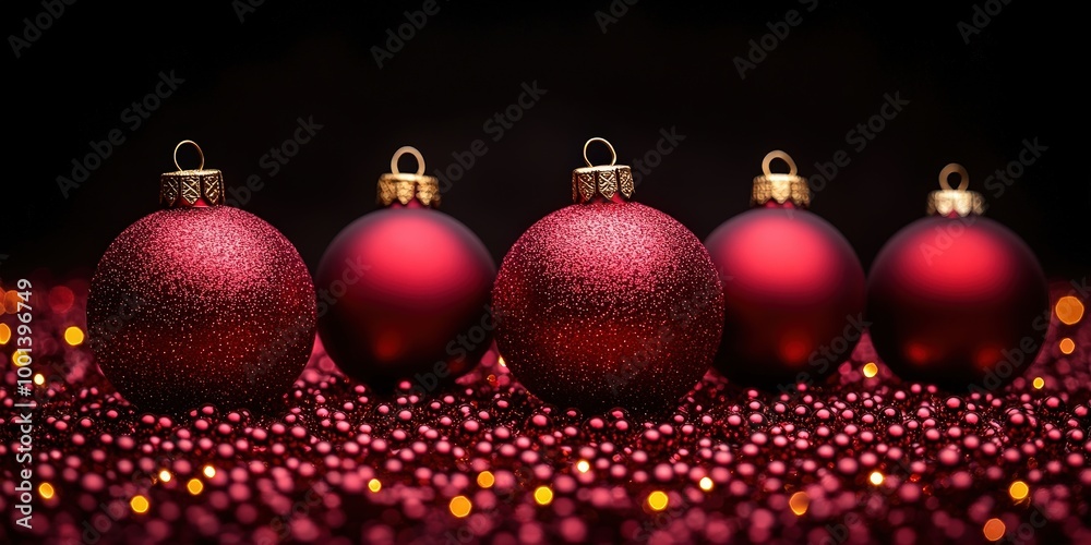 A row of five deep red Christmas ornaments, each adorned with a golden top, sits on a bed of shimmering red beads, creating a festive and elegant winter scene. A row of five deep red Christmas ornaments, each adorned with a golden top, sits on a bed of shimmering red beads, creating a festive and elegant winter scene.