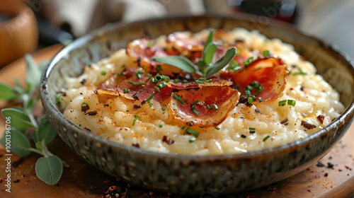 Close-up shot of classic truffle risotto with creamy Arborio rice, Parmesan shavings, truffle oil, fresh chives, and cracked black pepper. photo