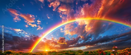 A breathtaking landscape of a vibrant rainbow arching across a brilliant sunset sky. The vivid colors blend with the dramatic clouds, casting warm light over the lush green forest below, creating a