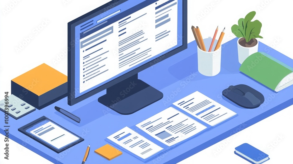 Digital e-invoice displayed on a desktop computer. Office setup with financial documents, tech tools, and a clean workspace Digital e-invoice displayed on a desktop computer. Office setup with financial documents, tech tools, and a clean workspace