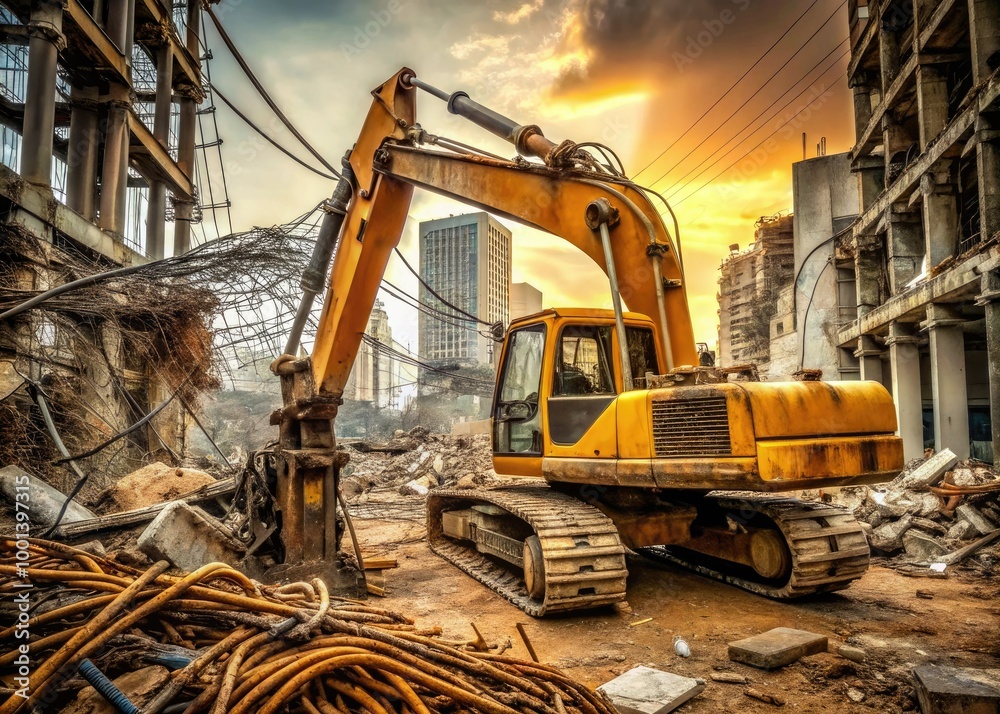 A worn, yellow-orange excavator stands idle amidst a tapestry of broken concrete, twisted metal, and tangled wires, surrounded by a maze of dusty scaffolding. A worn, yellow-orange excavator stands idle amidst a tapestry of broken concrete, twisted metal, and tangled wires, surrounded by a maze of dusty scaffolding.