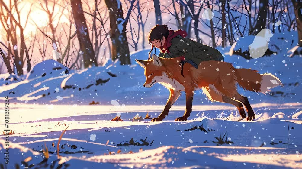 Lofi girl joyfully rides a fox through a tranquil winter landscape, surrounded by snow-covered trees as the sun sets, casting a warm glow seamless loop animation created with generative ai Lofi girl joyfully rides a fox through a tranquil winter landscape, surrounded by snow-covered trees as the sun sets, casting a warm glow seamless loop animation created with generative ai