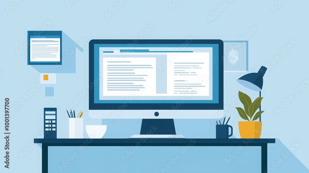 Digital e-invoice shown on a computer monitor. Office setup with financial documents, tech gadgets, and a tidy desk Digital e-invoice shown on a computer monitor. Office setup with financial documents, tech gadgets, and a tidy desk