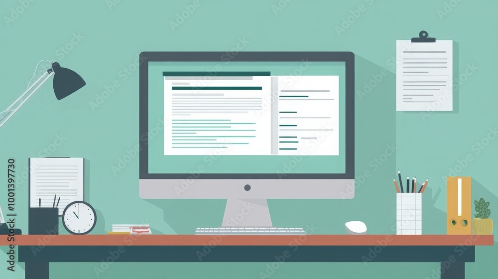 Digital e-invoice shown on a computer monitor. Office setup with financial documents, tech gadgets, and a tidy desk Digital e-invoice shown on a computer monitor. Office setup with financial documents, tech gadgets, and a tidy desk
