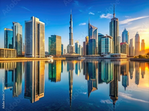 Breathtaking panoramic view of modern Dubai's iconic skyscrapers, luxurious towers, and majestic architecture set against a vibrant blue sky with subtle sunlit reflections.