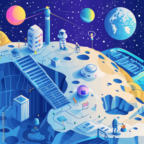 Isometric Moon Surface Exploration Vector Illustration